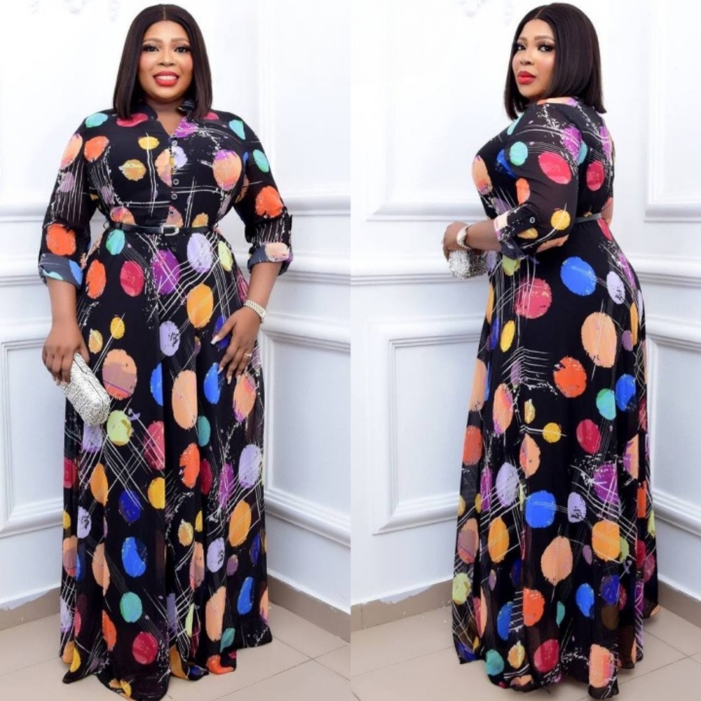 NWT - Black Multicolor Dots Geometric Print Gown